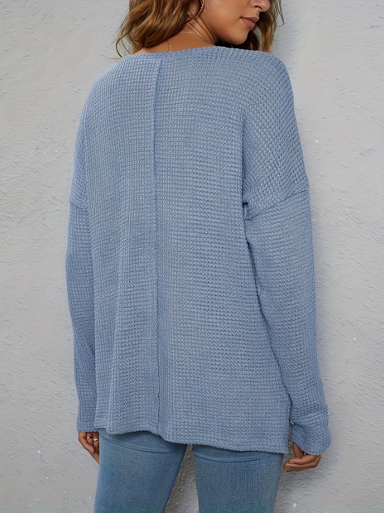 Casual Knit Top Women's Plus Solid Waffle Pattern Long Sleeve