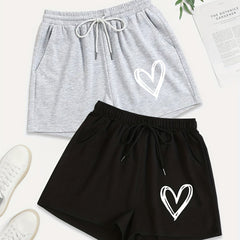 2 Pack Plus Size Casual Shorts Women's Plus Heart Print Drawstring Shorts