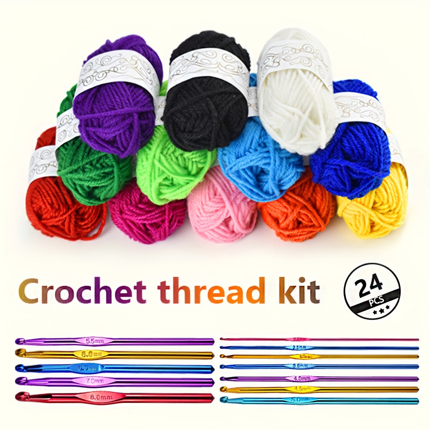 24pcs Crochet Yarn Set - Acrylic and Cotton - 10g - 12 Stitches - 2 Hooks
