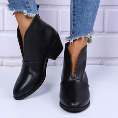 Chunky Heel Ankle Boots V Cut Slip On Short Boots Women's Footwear