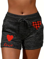 Heart & Letter Pattern Drawstring Shorts for Women