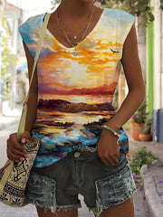 Turtles & Beach Print Tank Top V Neck Sleeveless Summer Women's Clothing