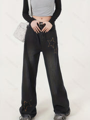 Star Embroidery Straight Jeans Loose Fit High Waist Denim Pants Women's Jeans