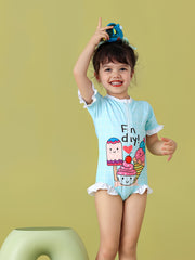Toddler Girls Splicing Ruffle Trim Cartoon Print Swimwear