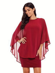 Solid Round Neck 3 4 Sleeve Cape Midi Dress Women's Plus