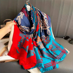 Vintage Flower Print Scarf Silk Shawl Women Head Wrap Satin Sunscreen
