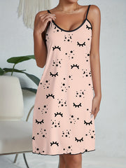 Eyelash Print Nightdress Crew Neck Spaghetti Strap Sleep Dress Women's Sleepwear