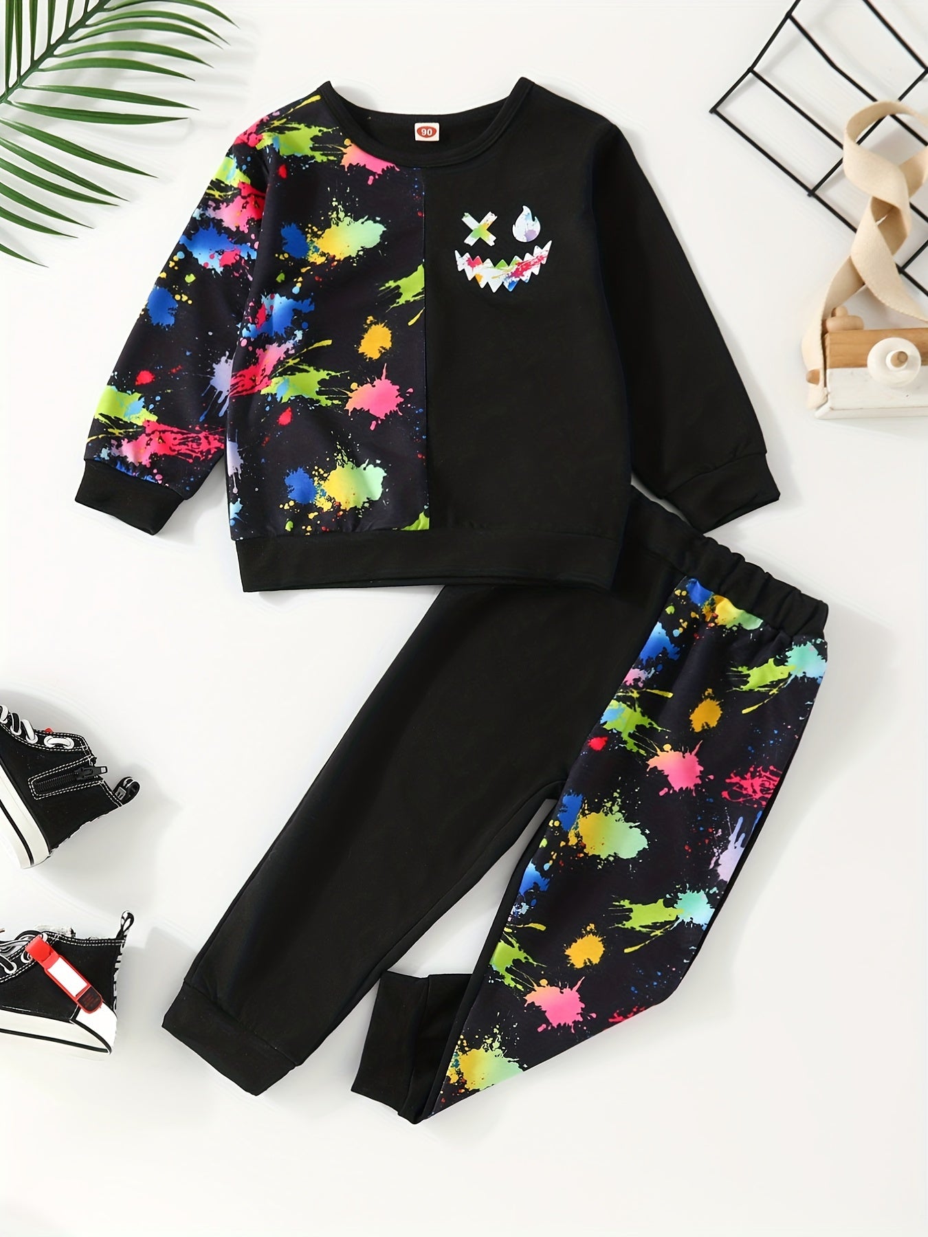 Boys 2pcs Paint Splash Sweatshirt & Pants Set