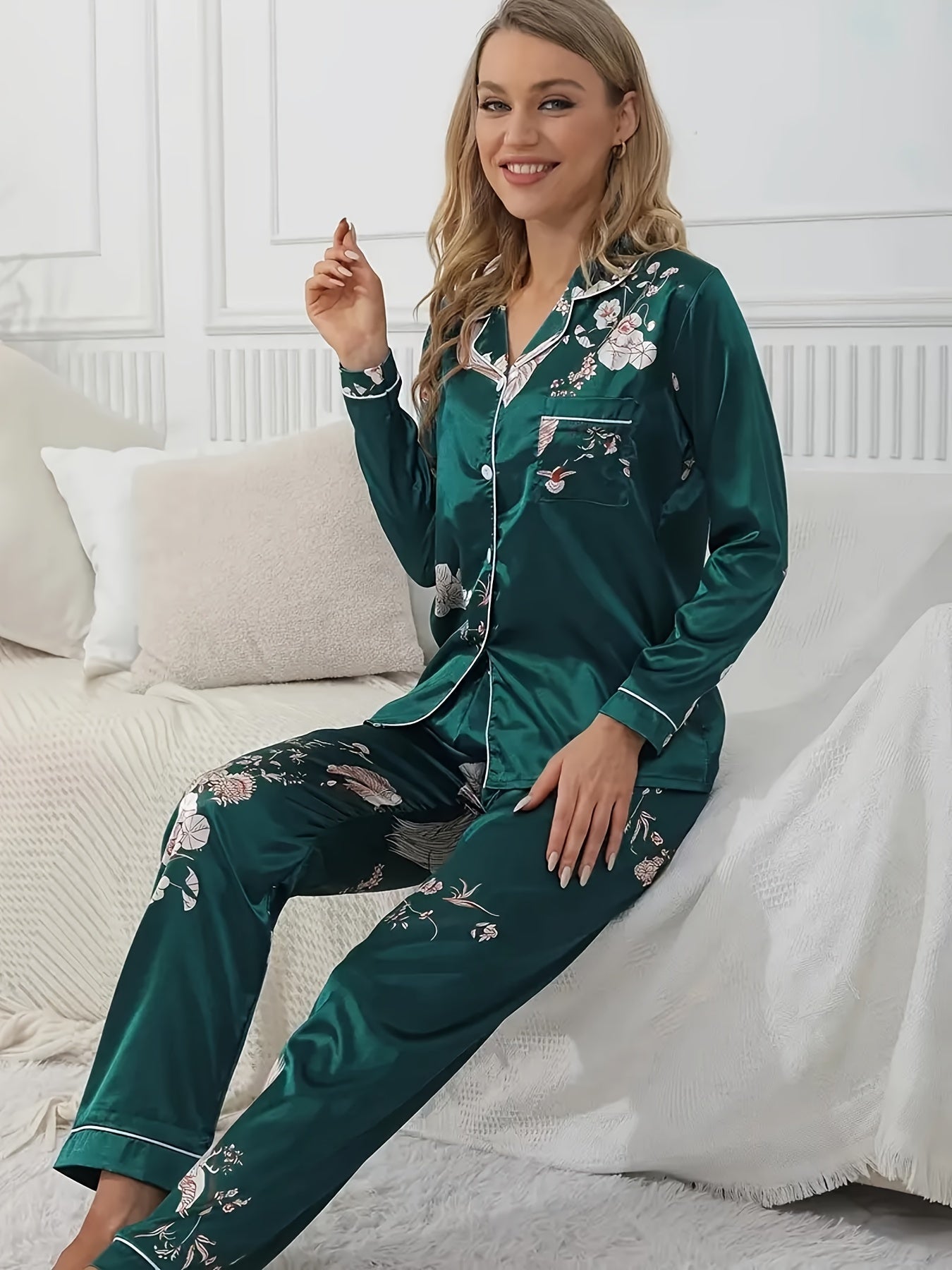 Floral Print Pajama Set Long Sleeve Buttons Top & Elastic Waistband Pants