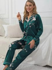 Floral Print Pajama Set Long Sleeve Buttons Top & Elastic Waistband Pants