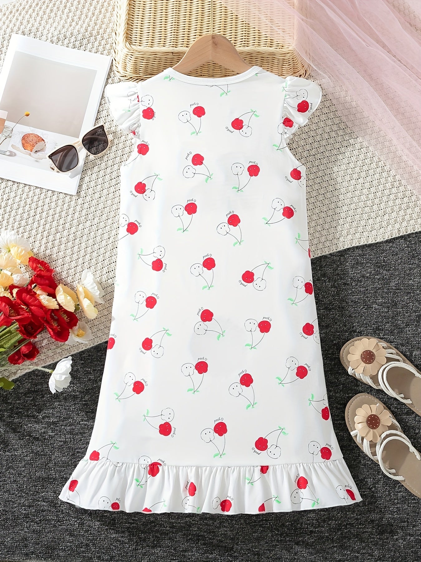 Girls Cherry Print Sleeveless Nightdress Ruffle PJ Round Neck Dress