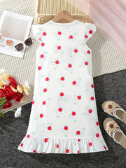 Girls Cherry Print Sleeveless Nightdress Ruffle PJ Round Neck Dress