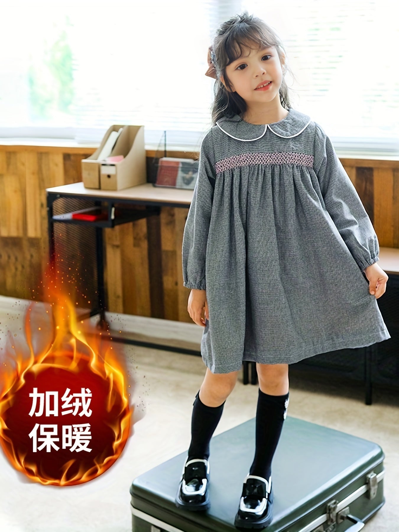 Girls Fleece Houndstooth Doll Collar Princess Dress Autumn Winter
