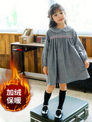 Girls Fleece Houndstooth Doll Collar Princess Dress Autumn Winter