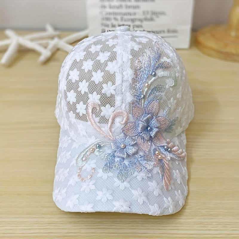 Flower Embroidery Baseball Cap Faux Pearl Decor Sports Hats