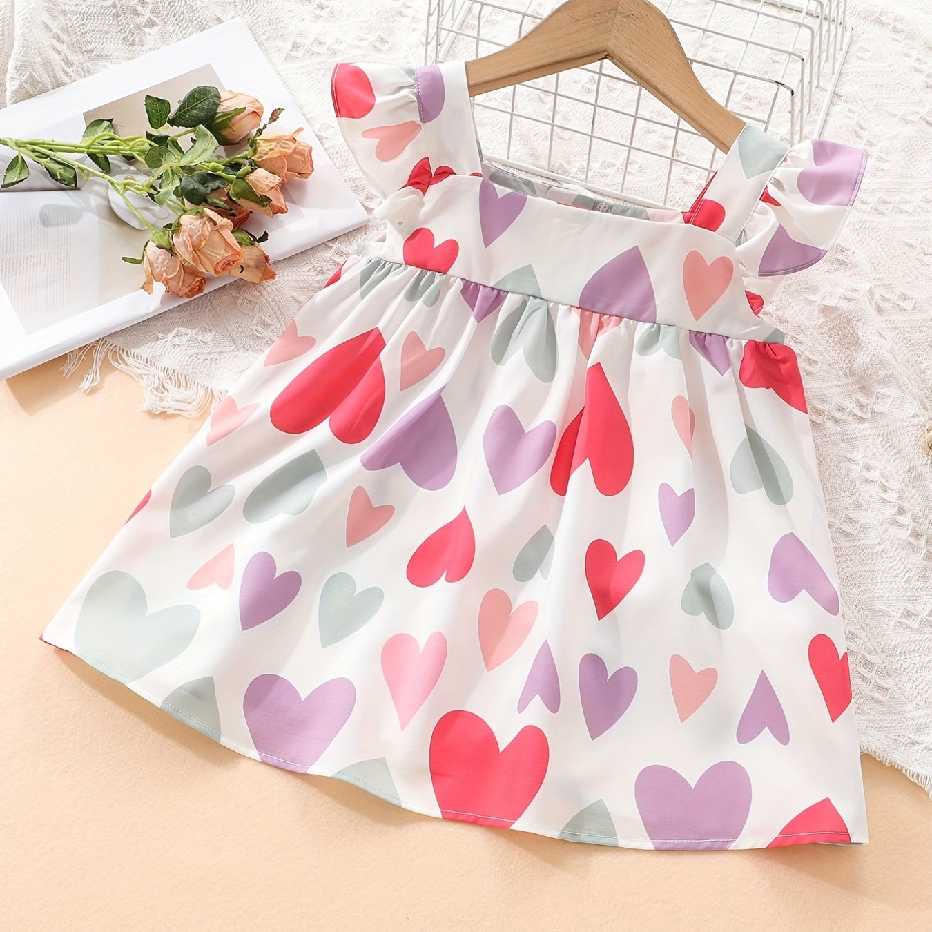 Colorful Heart Graphic Fly Sleeve Dress for Baby Girls