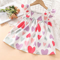 Colorful Heart Graphic Fly Sleeve Dress for Baby Girls