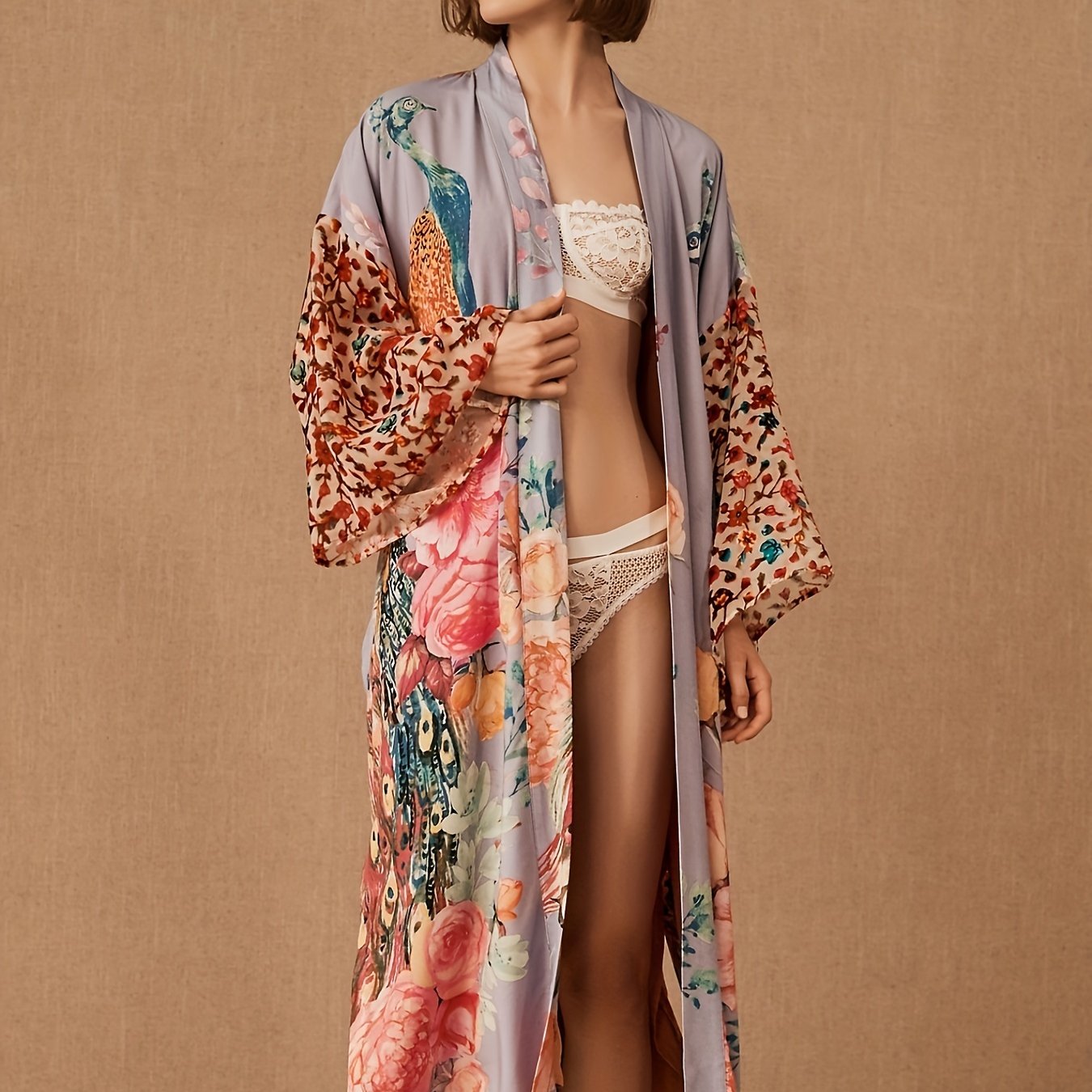 Floral Peacock Print Cover Up Kimono Long Sleeves Loose