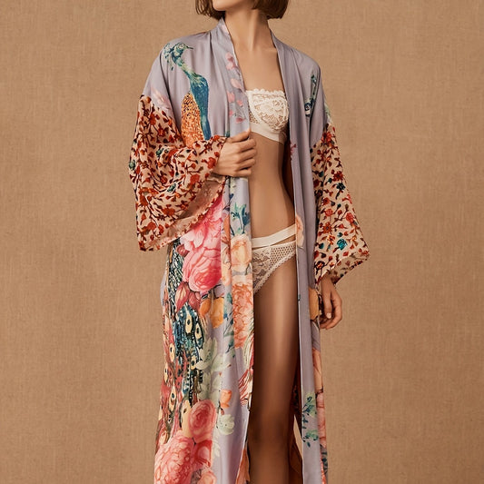 Floral Peacock Print Cover Up Kimono Long Sleeves Loose