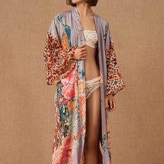 Floral Peacock Print Cover Up Kimono Long Sleeves Loose