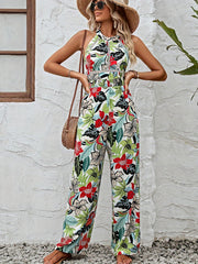 Tropical Print Backless Jumpsuit Sleeveless Wide Leg Women's Clothing