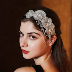 Faux Pearl Bridal Headdress with Tassel Rhinestone Head Jewelry