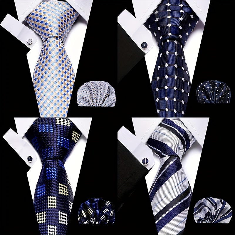 Men's Plaid Pattern Tie Pocket Scarf Cuff Set For Suits