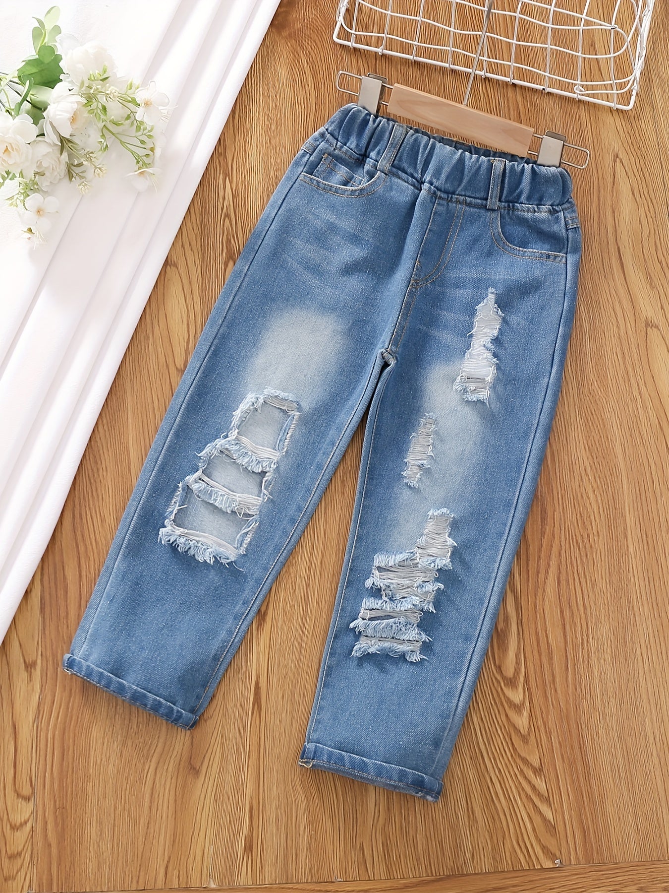 Girls Cartoon Pattern Denim Jeans Elastic Waistband Kids Clothes