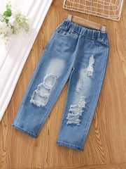 Girls Cartoon Pattern Denim Jeans Elastic Waistband Kids Clothes