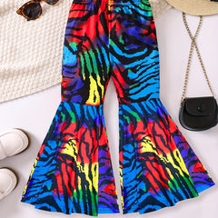 Girls Leopard Graphic Bell Bottom Pants Elastic Flared Trousers