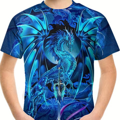 Dragon & Sword Graphic Tee Kids Summer Short Sleeve T-shirt