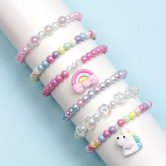 6pcs Unicorn Rainbow Pendant Beaded Bangle Bracelet Set Kids Accessories