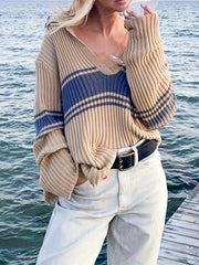 Preppy Sweater Women's Plus Striped Pattern Long Sleeve Polo Neck