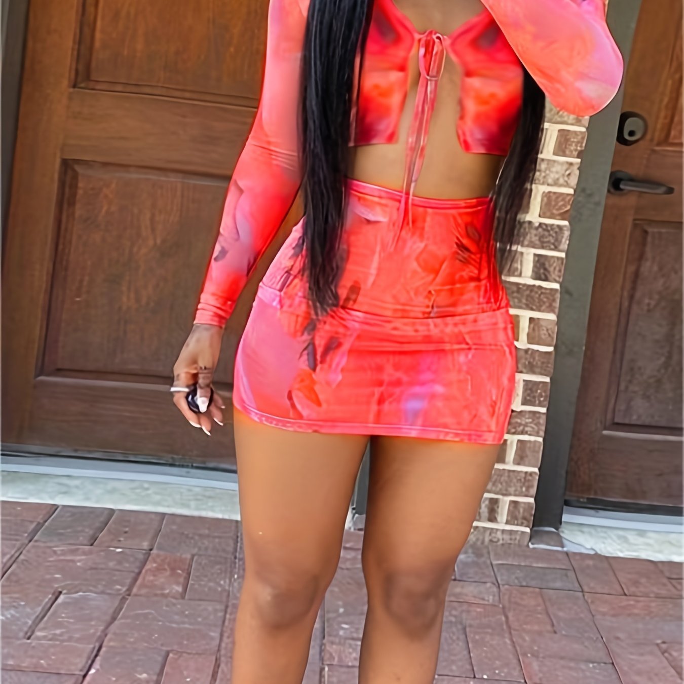 Sexy Tie Dye Two piece Skirt Set Lace Up Crop Top & Bodycon Skirt