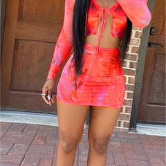 Sexy Tie Dye Two piece Skirt Set Lace Up Crop Top & Bodycon Skirt