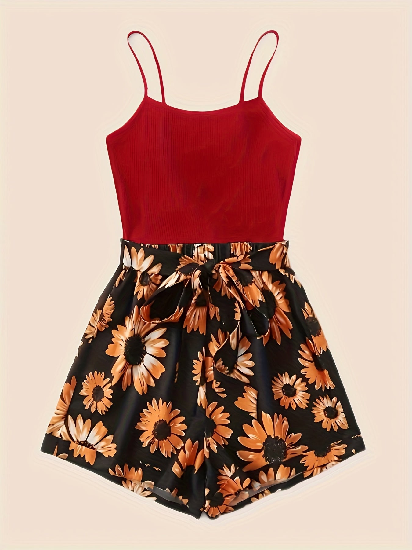 Spring & Summer 2pc Set Spaghetti Top & Floral Shorts Women's Clothing