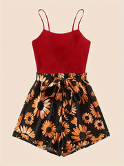 Spring & Summer 2pc Set Spaghetti Top & Floral Shorts Women's Clothing