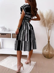 Ethnic Print Cap Sleeve Dress Crew Neck Midi Dress Women's Clothing