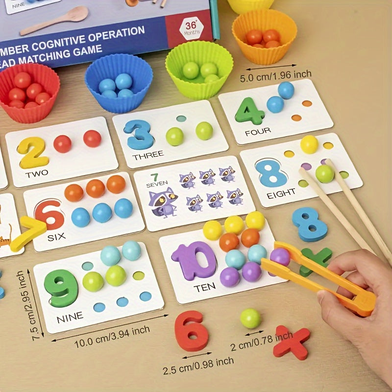 Wooden Number Counting Games Set Beads Matching Cards Toy