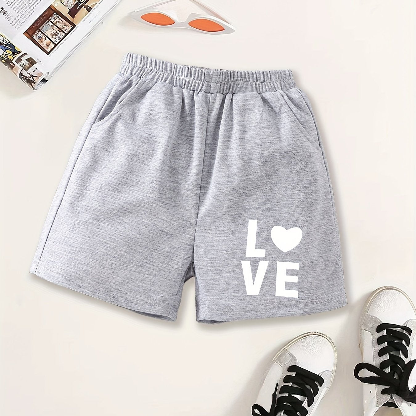Girls LOVE Print Sweat Shorts Elastic Waist Work Out Shorts