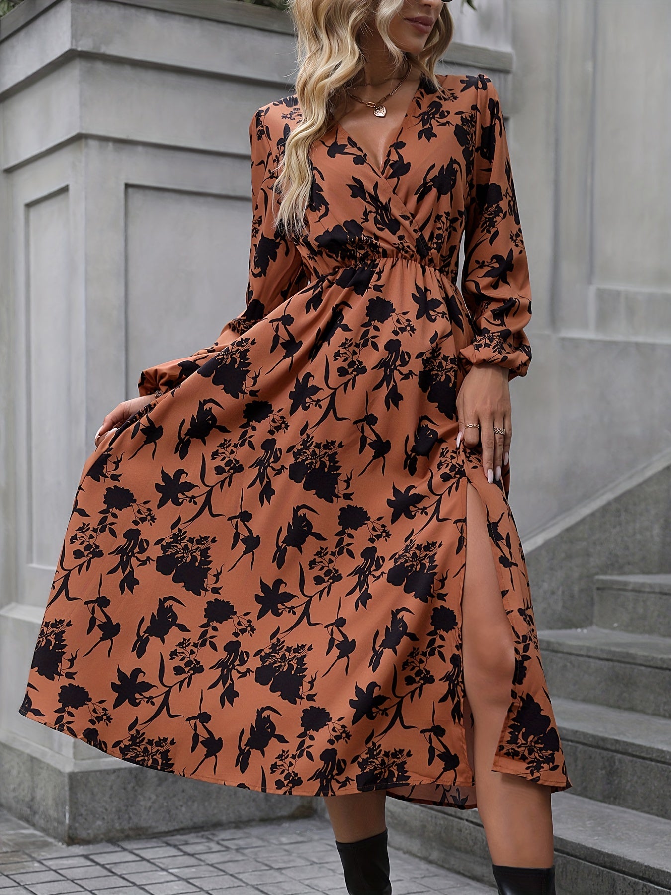 Floral Print V Neck Long Sleeve Dress