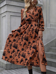 Floral Print V Neck Long Sleeve Dress