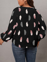 Feather Print Lace Trim Lantern Sleeve V Neck Top