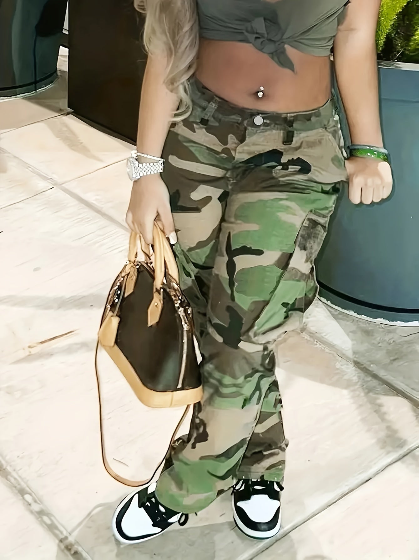 Camo Print High Stretch Cargo Jeans With Pockets