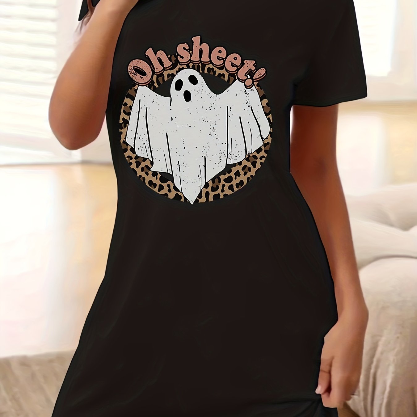 Halloween Dress Women's Plus Ghost & Leopard Print Tee Dress