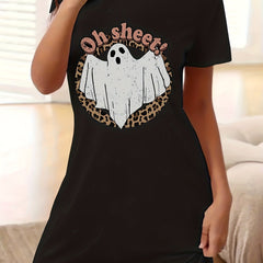 Halloween Dress Women's Plus Ghost & Leopard Print Tee Dress