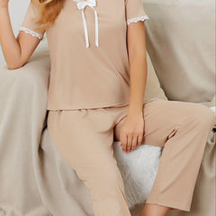 Contrast Lace Lounge Set Short Sleeve Crew Neck Top & Elastic Waistband Pants