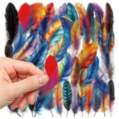 50pcs Vibrant Feather Stickers - Glittery Iridescent Matte - Variety of Surfaces