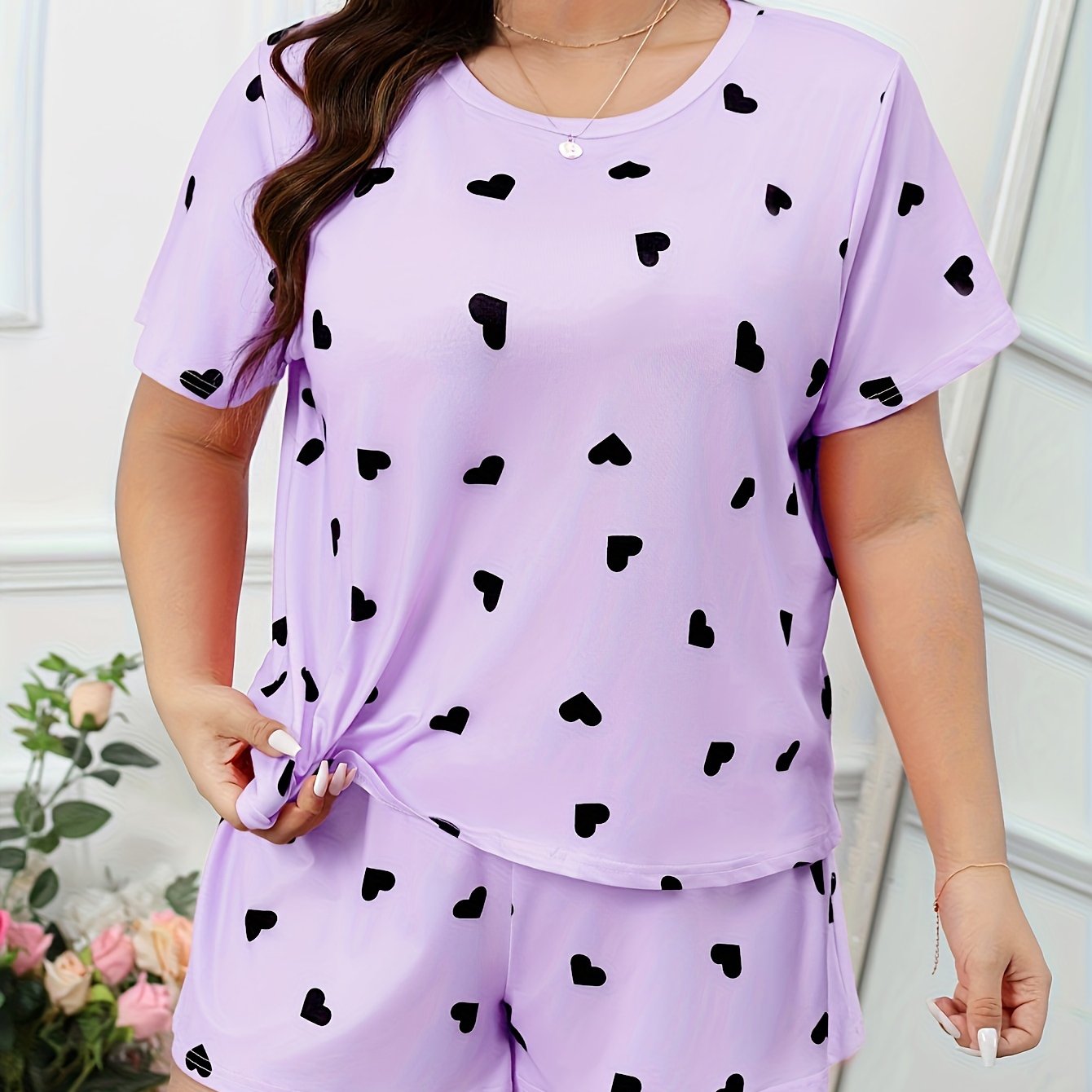 Heart Print Tee & Shorts Pajamas Set