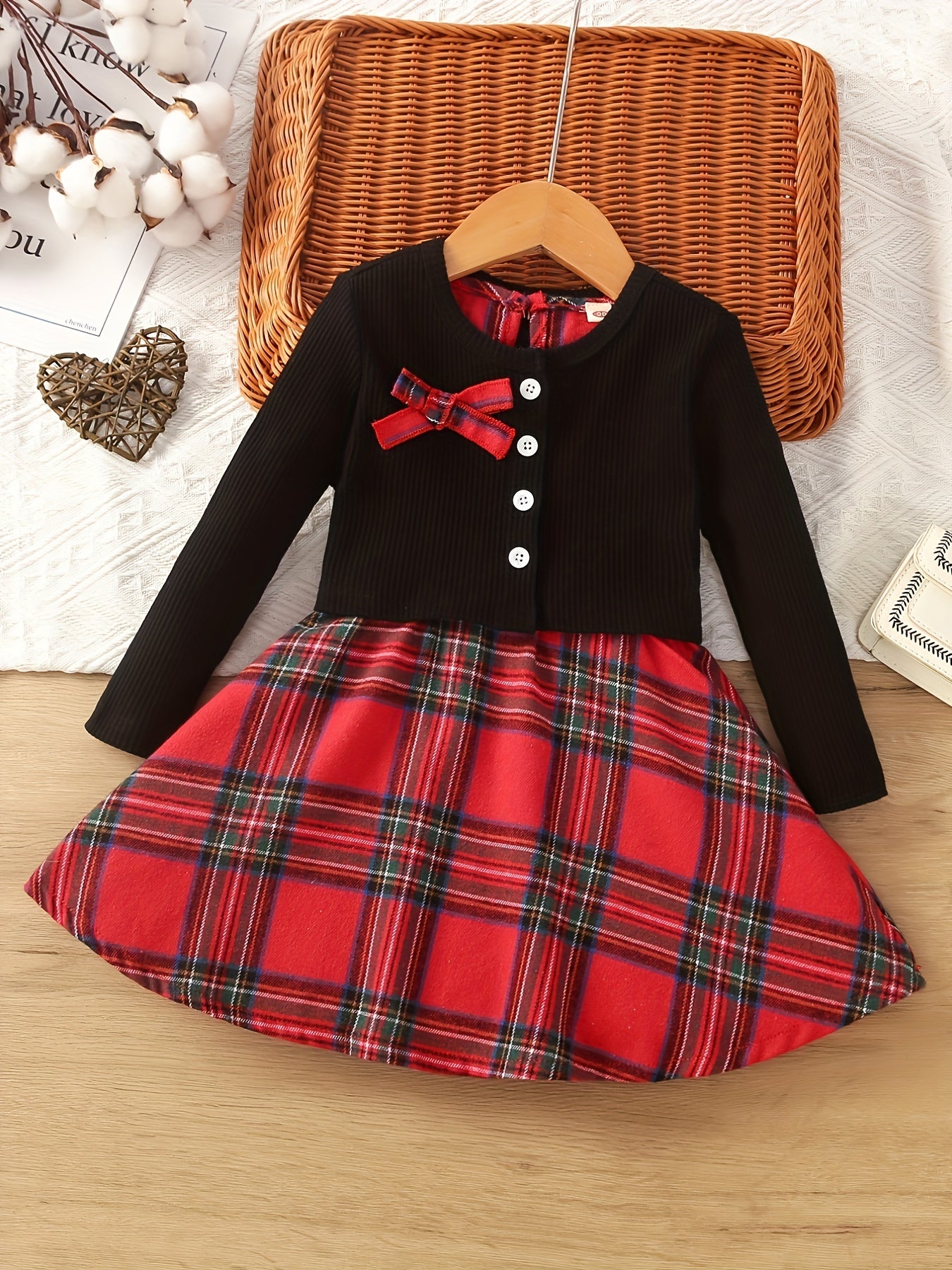 Toddler Girl's Plaid Dress & Cardigan Set for Spring Autumn Christmas
